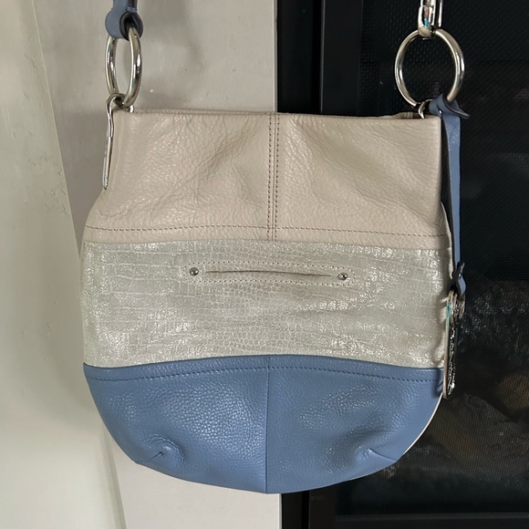 ▶️ B Makowsky Colorblock Leather Crossbody Bag Cream Silver Blue EXCELLENT - Picture 3 of 16